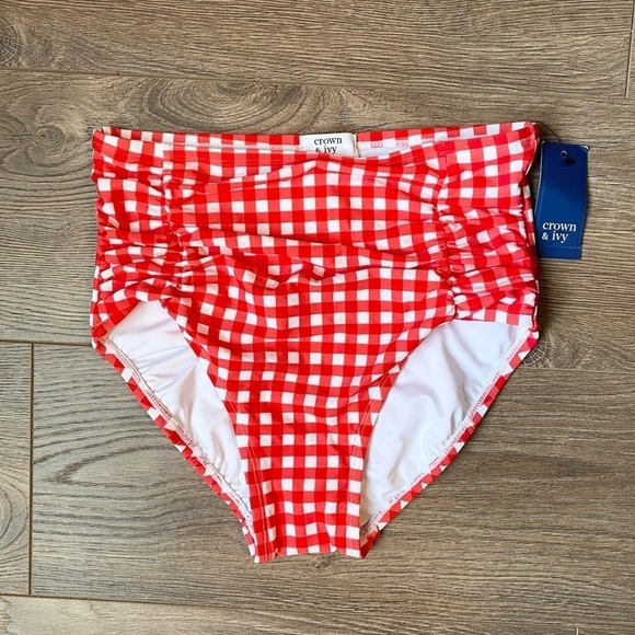 Crown & Ivy Red Gingham Plaid High Waisted Bikini Bottoms - Picture 3 of 6